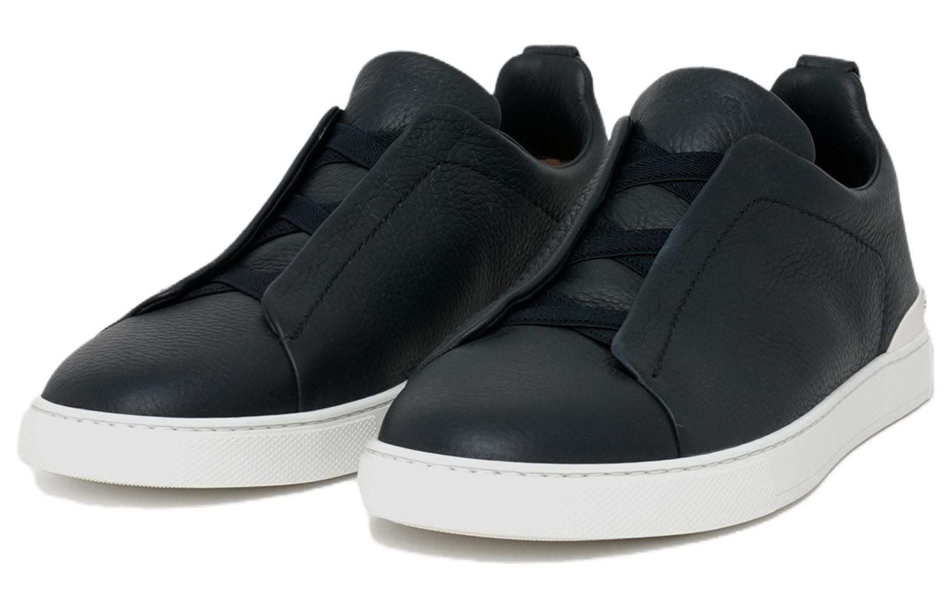 Ermenegildo Zegna Triple Stitch Leather Round Tip Low top Stylish Skateboarding Shoes Men's Marine Blue