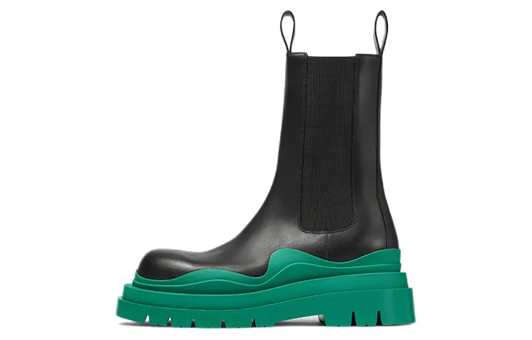 Bottega Veneta Leather Tire Chunky Sole Chelsea Boot Black Acid Turquoise