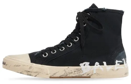 Balenciaga Paris High Top Sneakers 'Black Destroyed Cotton And White Rubber With Graffiti'