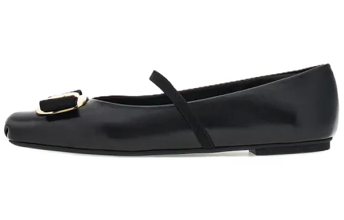 FERRAGAMO Vara cow leather ribbed elastic bow comfortable solid color women's casual shoes 0.5cm women's black