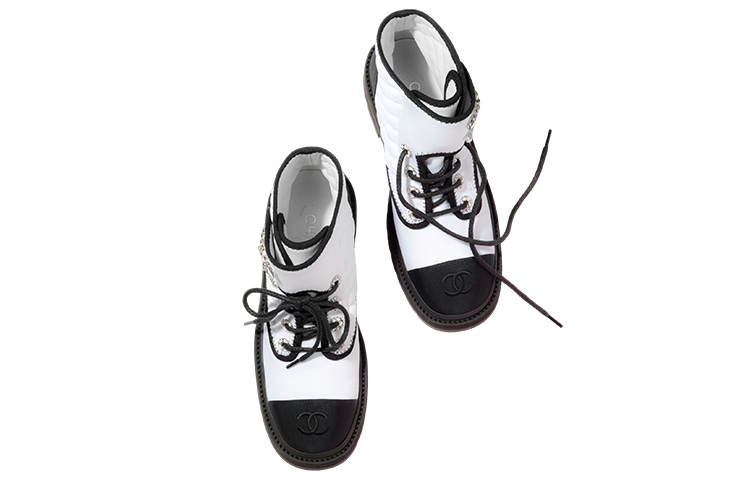 CHANEL Lace Up Ankle Boots Women's White Black