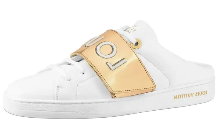 LOUIS VUITTON Frontrow Top Grain Cow Leather Closed Toe Slippers Women's White Gold