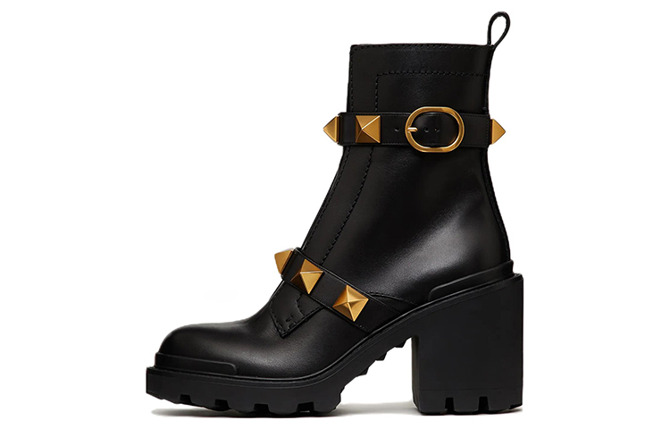 Valentino Valentino Roman Stud cowhide calfskin round toe buckle short boots women's black
