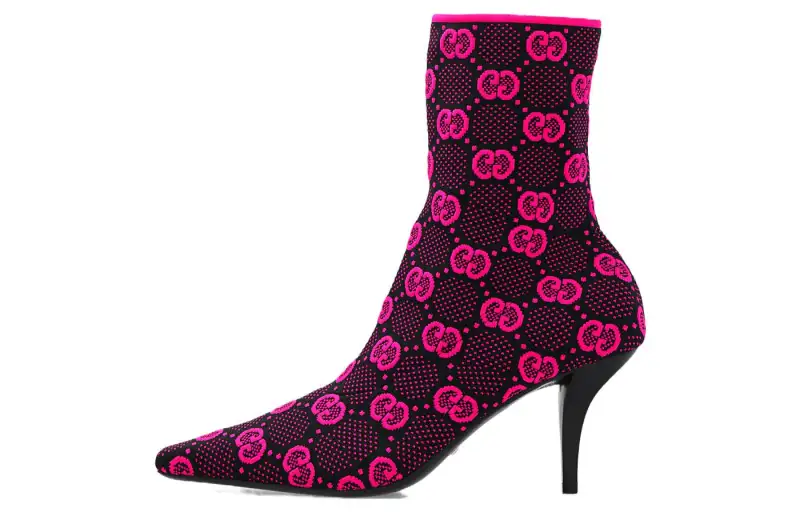 GUCCI Gg 75mm Knit Ankle Boots Black Fluorescent Pink Fabric Women's