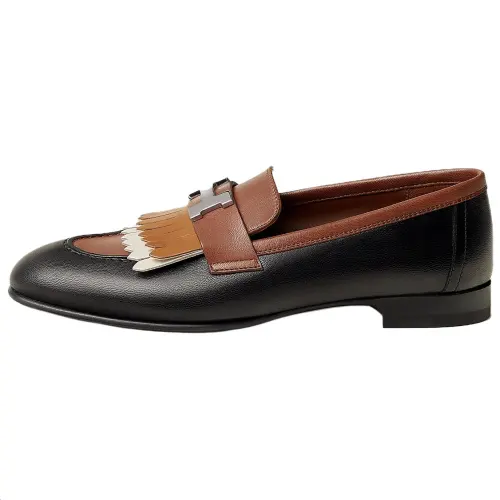 HERMES Royal Sheepskin Loafers Women's Black Orange
