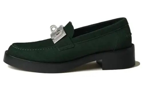 HERMES Hot Mocassins Suede Loafers Women's Dark Green