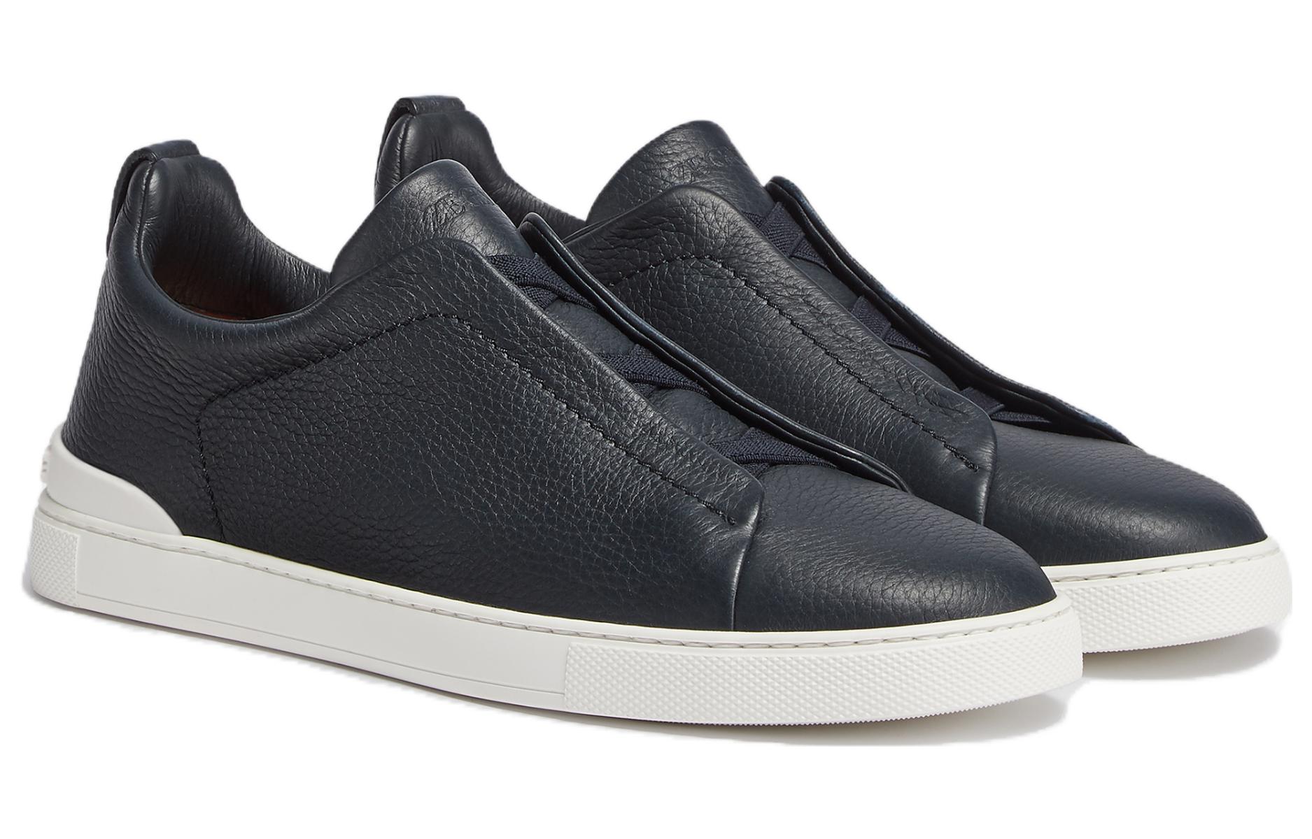 Ermenegildo Zegna Triple Stitch Leather Round Tip Low top Stylish Skateboarding Shoes Men's Marine Blue