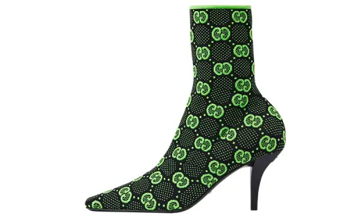 GUCCI Gg 75mm Knit Ankle Boots Black Fluorescent Yellow Fabric Women's
