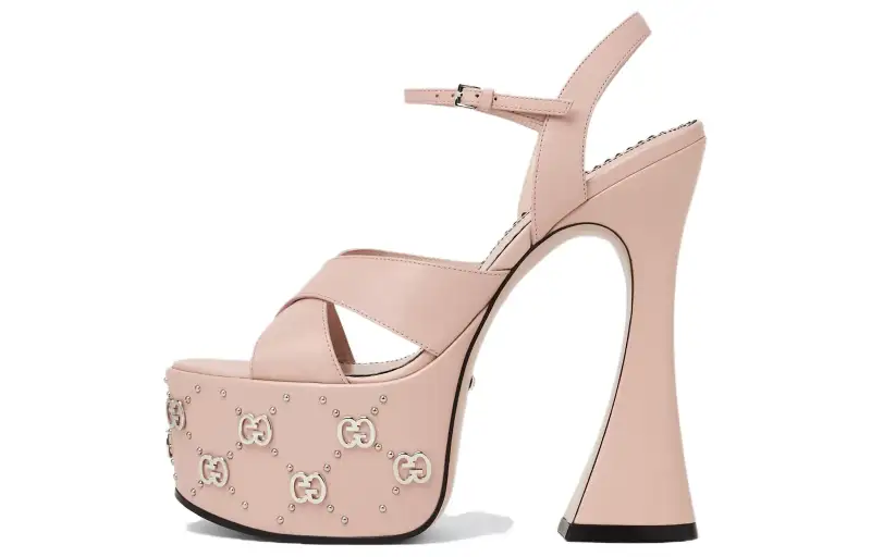 GUCCI Interlocking G Leather Platform Sandals Pink Women's