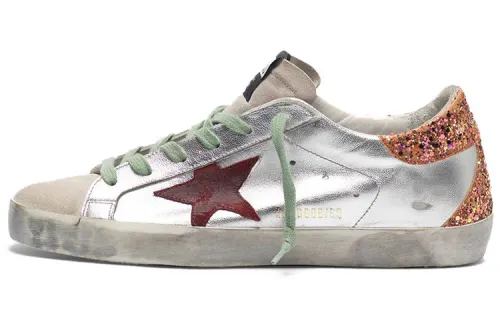 Golden Goose Super Star Leather Stylish Skateboarding Shoes Women's Silver With Gold Tail Sequins Distressed