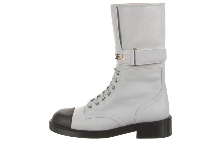 CHANEL Leather Lace Up Ankle Boots Women's Gray