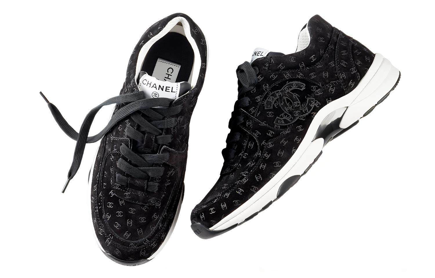 Женские кроссовки Chanel Cowhide Printed Sneakers (черные) — фото 3