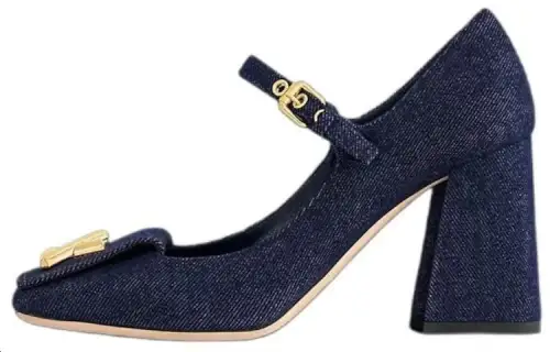 LOUIS VUITTON Shake Denim Chunky Heel High Heels 8.5cm Women's Dark Blue