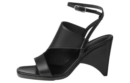HERMES Inconnue Leather One Strap Sandals 5CM Women's Black
