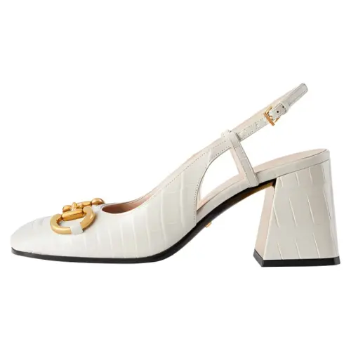 GUCCI Crocodile Leather Chunky Heel High Heels Women's White
