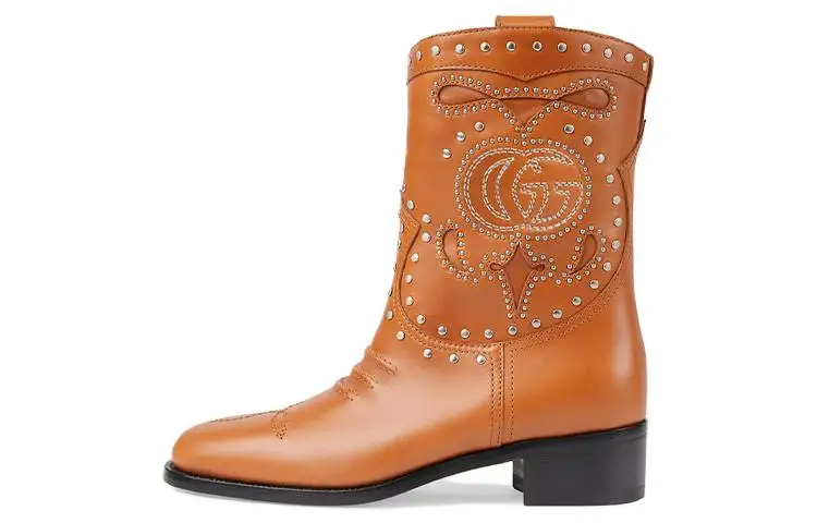 GUCCI Double G Leather Ankle Boots Women's Light Brown