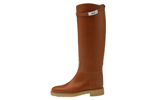 HERMES Faustine Leather Knee high Boots Women's Brown