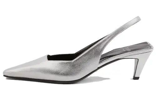 GUCCI Leather Slim Heel High Heels 5.5cm Women's Silver