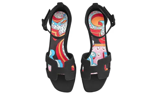 HERMES Eole Leather One Strap Sandals Women's Black