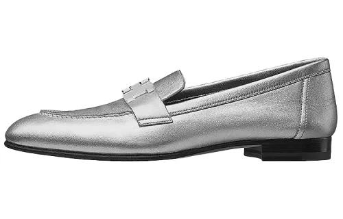 HERMES PARIS Leather Loafers Women's Silver