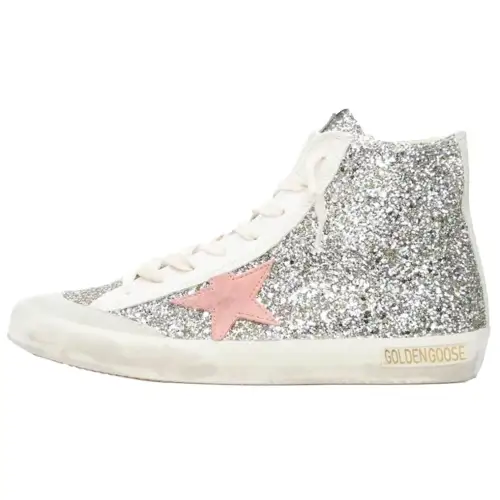 Golden Goose Sequined Leather Stylish Skateboarding Shoes Women's Silver Distressed