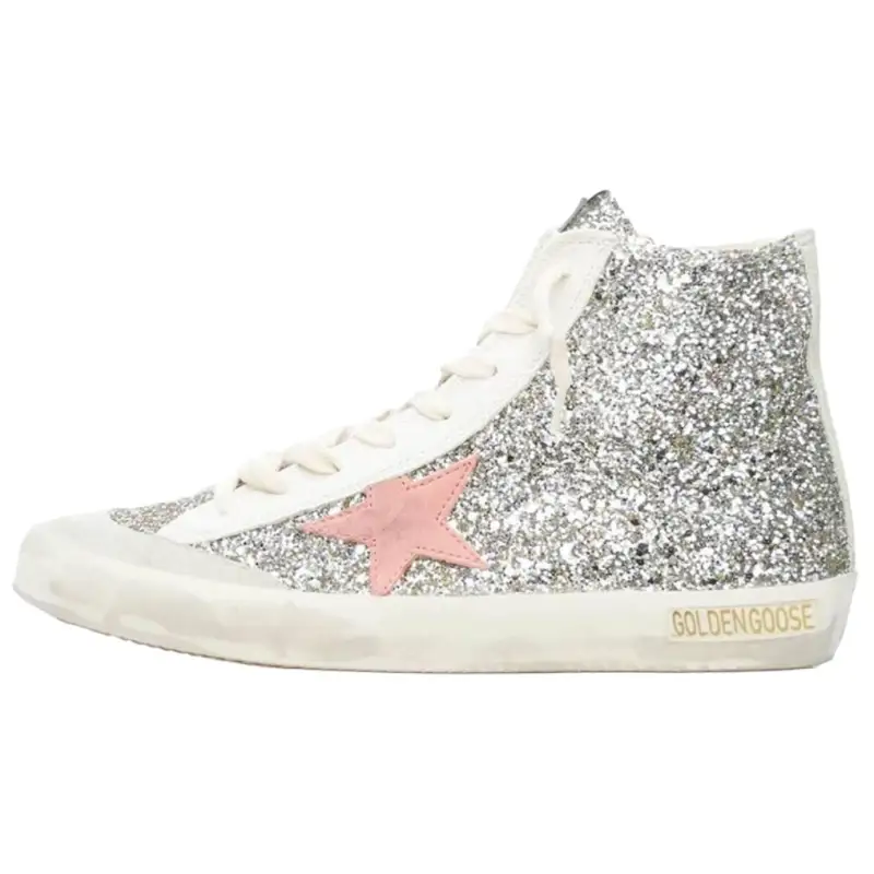 Golden Goose Sequined Leather Stylish Skateboarding Shoes Women's Silver Distressed