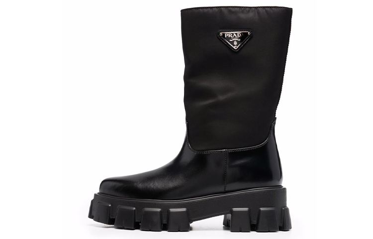 PRADA Monolith Leather Minimalist Fashion Knee high Boots Women's Black