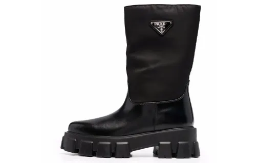 PRADA Monolith Leather Minimalist Fashion Knee high Boots Women's Black