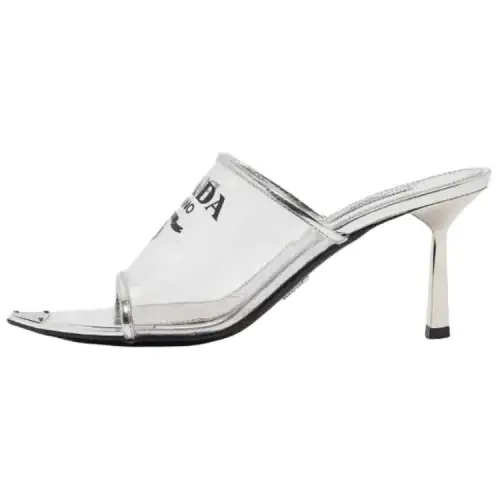 PRADA Plexiglas 75mm Pointy High Heels Silver Leather Women's