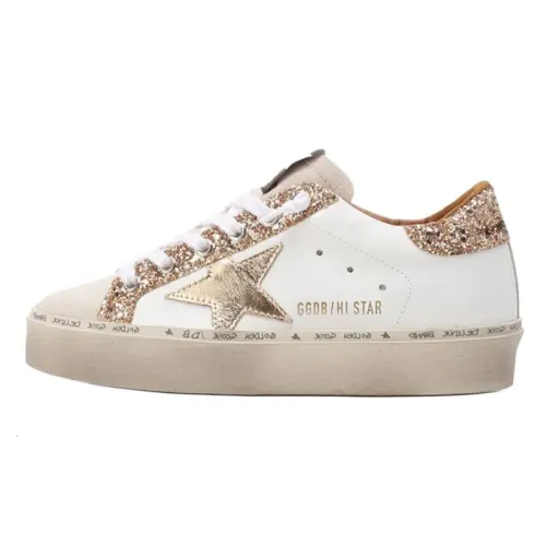 Golden Goose Hi Star Low top Stylish Skateboarding Shoes Women's White Gold Distressed