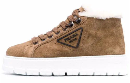 PRADA Suede, Fashionable Lace Up, Fleece Lined Ankle Boots Women's Brown