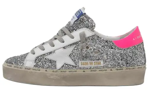 Golden Goose Hi Star Cow Leather Stylish Skateboarding Shoes Women's Silver Sequins Pink Tail Distressed