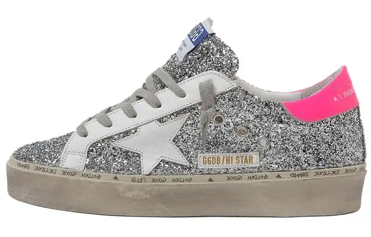 Golden Goose Hi Star Cow Leather Stylish Skateboarding Shoes Women's Silver Sequins Pink Tail Distressed