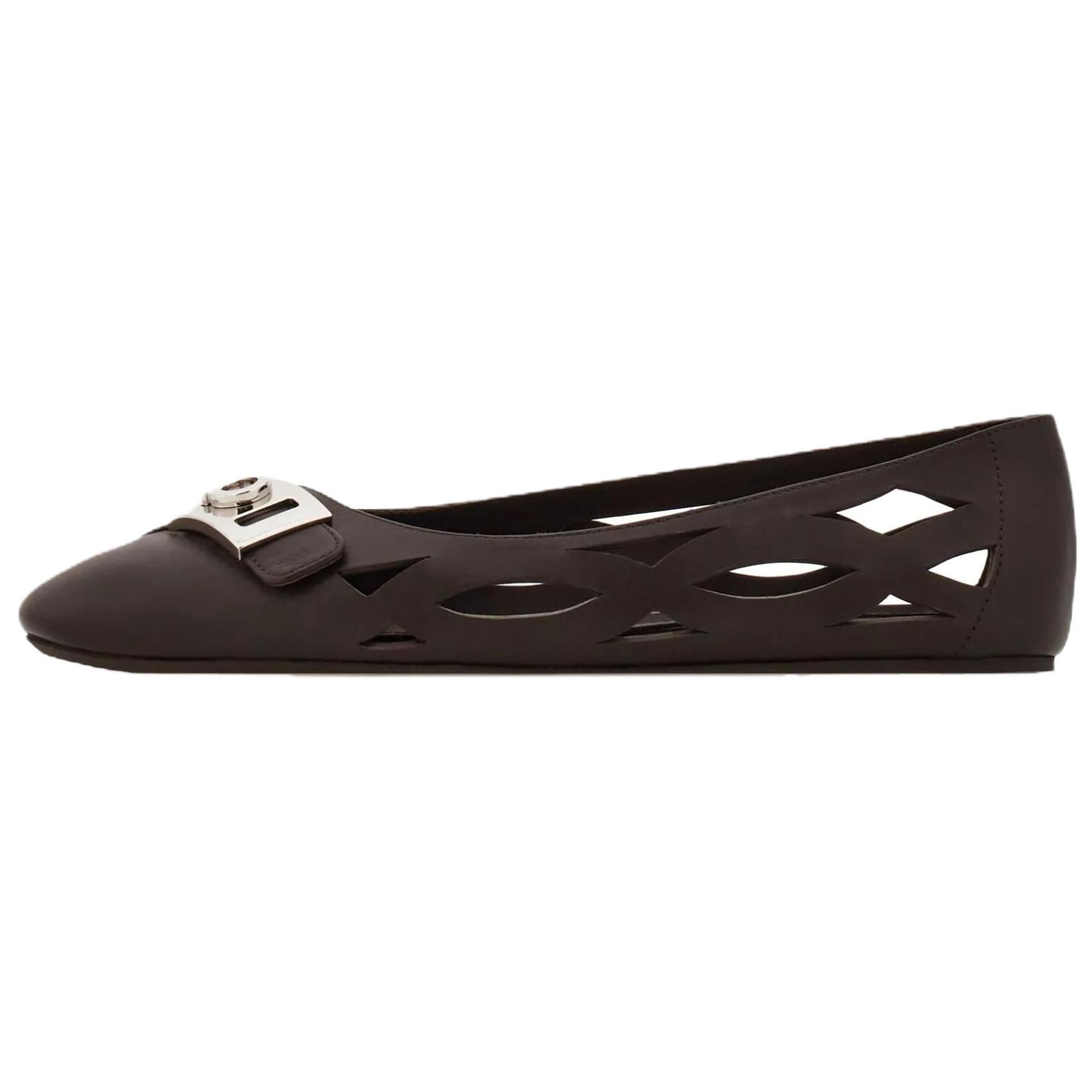 FERRAGAMO Hug Calfskin Round Toe Hollow Ballet Flats Casual Shoes Women's Black