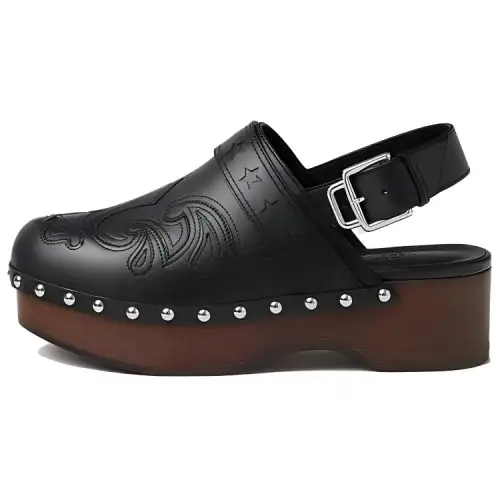 HERMES Hippie Leather Wedge Heel High Heels Women's Black