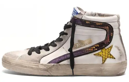Golden Goose Slide Leather High top Skateboard Shoes Women's White Distressed