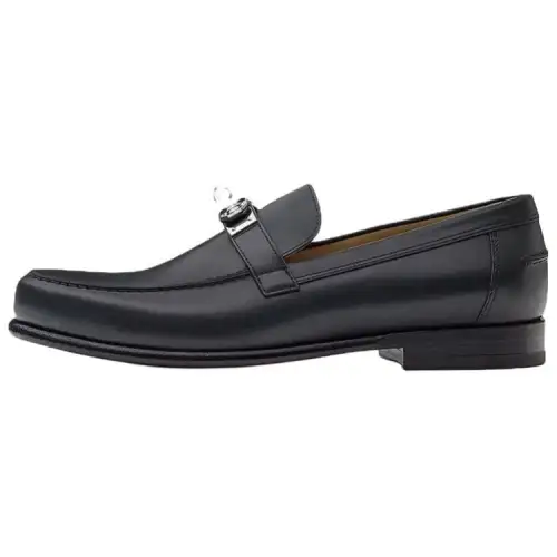 HERMES Destin Leather Moccasin Shoes Men's Dark Blue