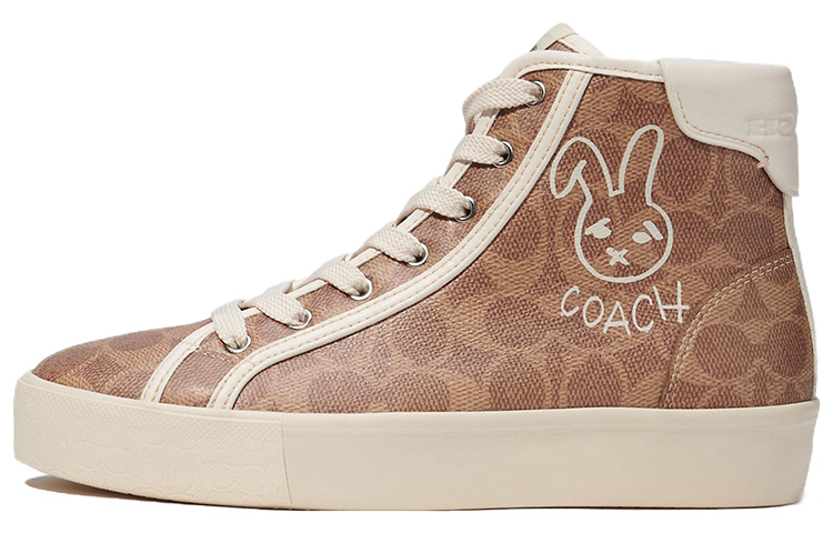COACH CitySole Canvas Leather High top Stylish Skateboarding Shoes Women's Brown White