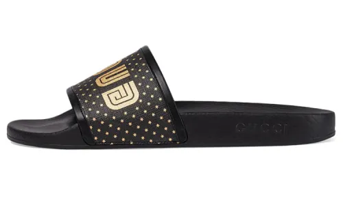 GUCCI Leather Trimmed Canvas Slides SEGA Black Women's
