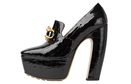 Bottega Veneta Mostra Leather Chunky Heel High Heels 14.5cm Women's Black