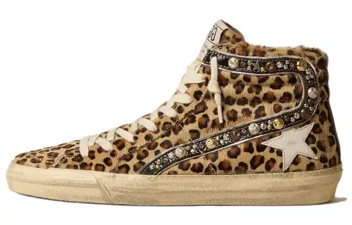 Golden Goose Slide Leather High top Skateboard Shoes Women's Gold Leopard Print