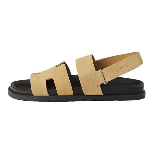 HERMES Genius Leather One Strap Sandals Men's Light Brown