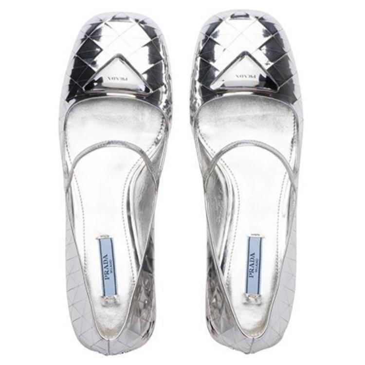 PRADA Leather Block Heel Mary Jane Shoes Women's Silver