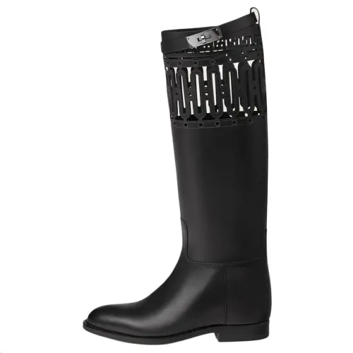 HERMES Jumping Calfskin Knee high Boots Women's Black