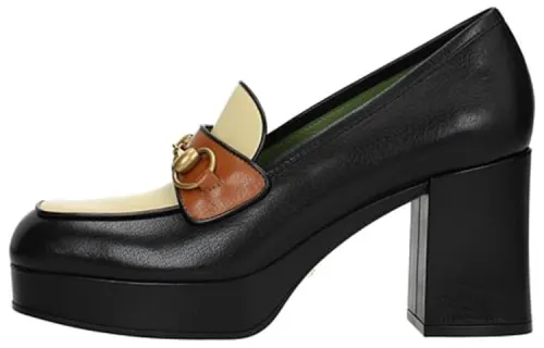 GUCCI Leather Chunky Heel High Heels Women's Black Beige
