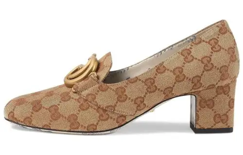 GUCCI Fabric Chunky Heel High Heels 5.5cm Women's Camel