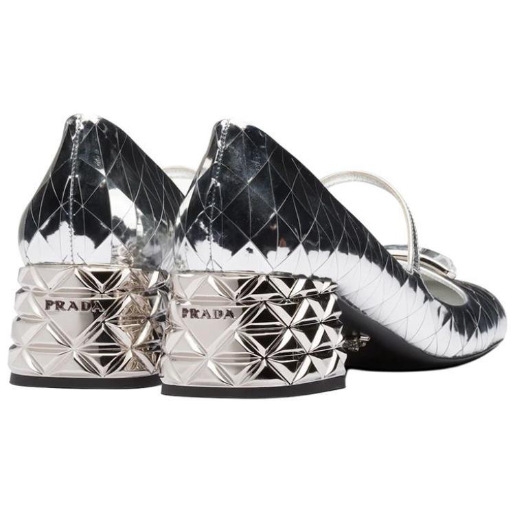 PRADA Leather Block Heel Mary Jane Shoes Women's Silver