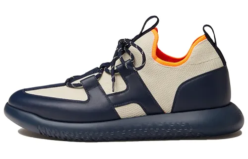 HERMES Duel Leather Low top Casual Shoes Men's Beige Blue