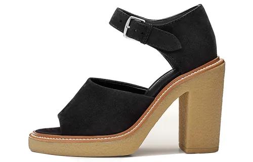 HERMES Sheepskin Chunky Heel One Strap Sandals 9cm Women's Black