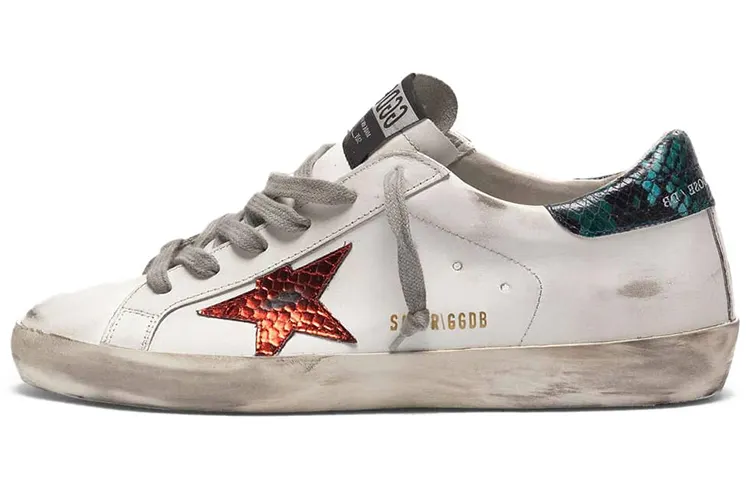 Golden Goose Super Star Low top Casual Shoes Women's White Green Snakeskin Print Tail Distressed